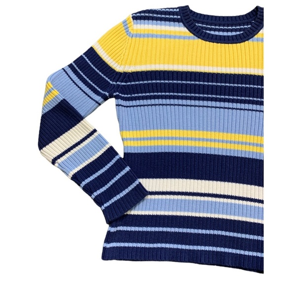 VINTAGE College Preppy Knit Varsity Stripe Long Sleeve Sweater Blue/Yellow Small - Picture 3 of 7